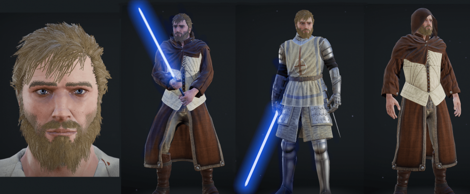 DEFAULT OUTFIT

CharacterProfiles=(Name=INVTEXT("Cosplay SW - Obi-Wan Kenobi"),GearCustomization=(Wearables=((Colors=(23,23)),(ID=12,Colors=(18,9)),(ID=19,Colors=(10,18),Pattern=1),(ID=9,Colors=(18,18)),(ID=20,Colors=(18,0)),(ID=3,Colors=(18,18)),(),(ID=13,Colors=(12,12)),(ID=8,Colors=(13,13))),Equipment=((ID=26,Colors=(8,0,37),Parts=(0,2,2)),(),())),AppearanceCustomization=(Emblem=0,EmblemColors=(43,1),MetalRoughnessScale=148,MetalTint=0,Age=0,Voice=4,VoicePitch=254,bIsFemale=False,Fat=0,Skinny=171,Strong=87,SkinColor=3,Face=1,EyeColor=0,HairColor=0,Hair=8,FacialHair=13,Eyebrows=2),FaceCustomization=(Translate=(20418,11310,28416,4011,27547,4018,733,27366,27522,27383,6822,704,30771,30762,1024,24512,24542,448,702,672,31678,11202,31648,31677,7663,3384,1508,3747,31648,23675,23650,9725,9697,10599,10614,960,990,30378,30387,5675,28884,27973,704,5682,28873,27992,733,858,835),Rotate=(15990,23925,15414,31493,26097,30904,978,12590,26060,12943,27576,11,8196,9145,13505,30336,30014,211,2511,2542,24576,3489,28116,28137,6415,22550,7955,27337,25566,174,783,31271,31126,20316,19553,31420,30977,30733,31696,17839,7997,17443,19476,17934,7296,18330,20393,2230,2823),Scale=(30967,14144,28980,9243,9581,9243,28117,7673,9581,7673,20384,28117,29696,29696,30624,6640,6640,1466,30750,30750,161,912,692,692,5644,8239,1464,21831,161,10099,10099,30947,30947,15016,15016,160,160,20489,20489,14723,3726,11895,371,14723,3726,11895,371,6750,6750)),SkillsCustomization=(Perks=137474))


CLONE WARS OUTFIT

CharacterProfiles=(Name=INVTEXT("Cosplay SW - General Kenobi"),GearCustomization=(Wearables=((Colors=(23,23)),(ID=1,Colors=(18,9)),(ID=31,Colors=(10,5),Pattern=6),(ID=8,Colors=(10,10)),(ID=8,Colors=(6,0)),(ID=4,Colors=(9,6)),(ID=3),(ID=3,Colors=(9,9)),()),Equipment=((ID=1,Colors=(37,37,8),Parts=(2,2,2)),(ID=19,Colors=(8,0,15),Parts=(2,0,0)),())),AppearanceCustomization=(Emblem=43,EmblemColors=(43,3),MetalRoughnessScale=114,MetalTint=0,Age=0,Voice=4,VoicePitch=254,bIsFemale=False,Fat=0,Skinny=171,Strong=63,SkinColor=3,Face=1,EyeColor=0,HairColor=0,Hair=8,FacialHair=13,Eyebrows=2),FaceCustomization=(Translate=(20418,11310,28416,4011,27547,4018,733,27366,27522,27383,6822,704,29747,29738,1024,24512,24542,448,702,672,31678,11202,31648,31677,7663,3384,1508,3747,31648,23675,23650,9725,9697,10599,10614,960,990,30378,30387,5675,28884,27973,704,5682,28873,27992,733,858,835),Rotate=(15990,23925,15414,31493,26097,30904,978,12590,26060,12943,27576,11,8196,9145,13505,30336,30014,211,2511,2542,24576,3489,28116,28137,6415,22550,7955,27337,25566,174,783,31271,31126,20316,19553,31420,30977,30733,31696,17839,7997,17443,16406,17934,7296,18330,17319,2230,2823),Scale=(30967,14144,28980,9243,9581,9243,28117,7673,9581,7673,20384,28117,29696,29696,30624,6640,6640,1466,30750,30750,161,912,692,692,5644,8239,1464,21831,161,10099,10099,30947,30947,15016,15016,160,160,20489,20489,14723,3726,11895,371,14723,3726,11895,371,6750,6750)),SkillsCustomization=(Perks=6402))