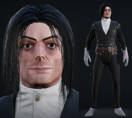 CharacterProfiles=(Name=INVTEXT("Cosplay IRL - Michael Jackson"),GearCustomization=(Wearables=((Colors=(9,0)),(Colors=(1,44)),(ID=13,Colors=(10,1)),(Colors=(44,44)),(Colors=(44,1)),(ID=14,Colors=(9,9)),(ID=6,Colors=(6,9)),(ID=12,Colors=(9,9)),(ID=1,Colors=(6,0))),Equipment=((ID=53),(),())),AppearanceCustomization=(Emblem=0,EmblemColors=(9,1),MetalRoughnessScale=48,MetalTint=17,Age=0,Voice=2,VoicePitch=254,bIsFemale=False,Fat=0,Skinny=255,Strong=0,SkinColor=0,Face=1,EyeColor=4,HairColor=16,Hair=9,FacialHair=0,Eyebrows=3),FaceCustomization=(Translate=(1821,29484,29242,20512,2153,20541,478,23729,2164,23724,21562,448,31296,31325,31371,29618,29611,25692,0,29,989,1763,22149,22168,10037,31501,28599,206,960,31709,31680,414,384,30907,30882,3264,3293,26823,26838,12037,5158,24901,4185,12056,5175,24920,4164,18585,18564),Rotate=(28502,2109,4920,31664,188,30733,16166,26435,769,25722,16044,15511,26355,25802,30733,20487,21430,28957,27397,26808,988,7256,26987,27218,28953,31692,12961,3796,1,583,374,28263,27990,10612,10825,8861,8480,22594,23419,28675,9127,30994,318,29626,8214,31403,640,25197,24912),Scale=(10021,17789,5380,4944,10273,4944,26752,13698,10273,13698,29701,26752,23559,23559,31594,15164,15164,256,2361,2361,0,8090,17369,17369,1157,128,26323,26337,0,22212,22212,30605,30605,21523,21523,15684,15684,28539,28539,27770,24726,18264,1052,27770,24726,18264,1052,15977,15977)),SkillsCustomization=(Perks=166291))