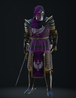 colors: purple (level 90) 
black (level 6)

painted barbute visor
hood widened
draped cuirass
shield pauldrons
dragon arms (dlc)
fluted segmented gauntlets
longskirt leather strips
fluted legs
veteran sabatons spur
plate color 3 (level 70)
all items have gold metal detail color 27 (lvl 100)

longsword (deo volente skin with gold metal)
bandage

bloodlust
cat

deep pitch commoner voice

winged skull purple + grey emblem colors

no metal roughness